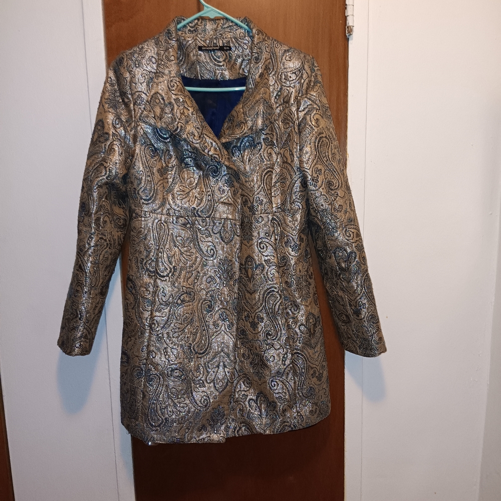 Atmosphere Vintage Inspired Metallic Gold and Blue Paisley Blazer